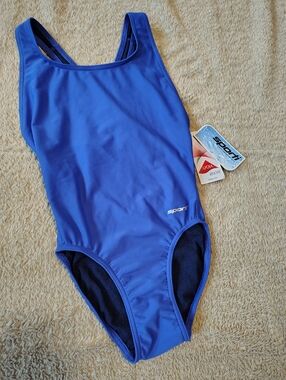 NWT Sporti One Piece Girls Swimsuit Wide Straps Solid Blue Size 28 (14/16)